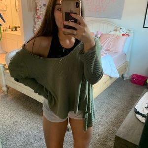 Off the shoulder knit green sweater